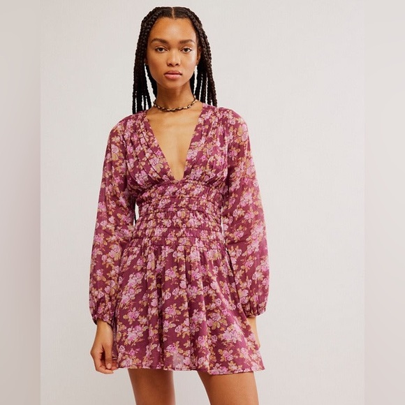 NEW Free People Keep You Cotton Mini Dress Women Small Purple Floral Long sleeve - Picture 1 of 8